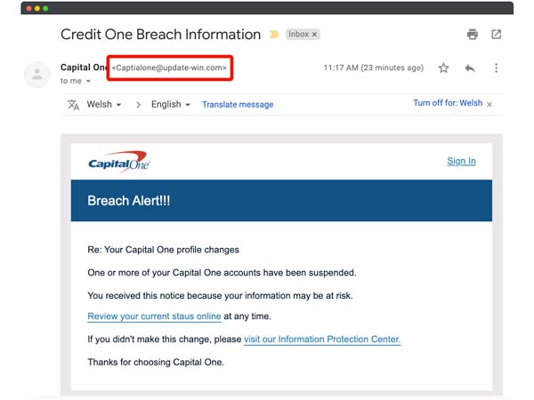 Bank email phishing example