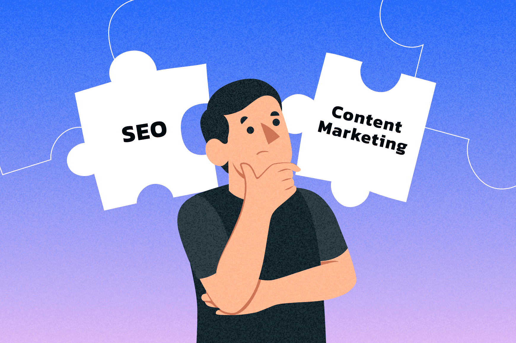 Confused man with “SEO” and “Content Marketing” written on puzzle pieces behind him