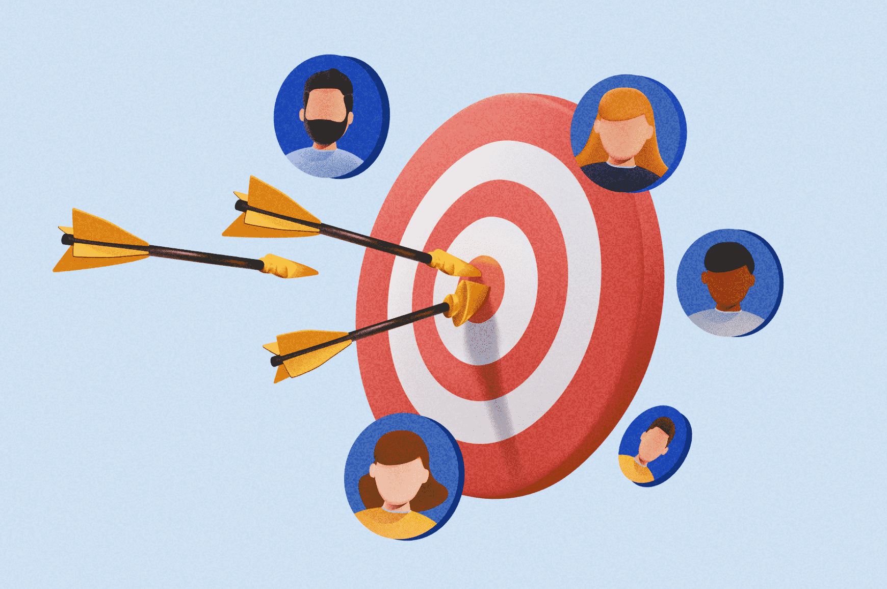 Arrows in bullseye with website visitors floating around that represent the target audience