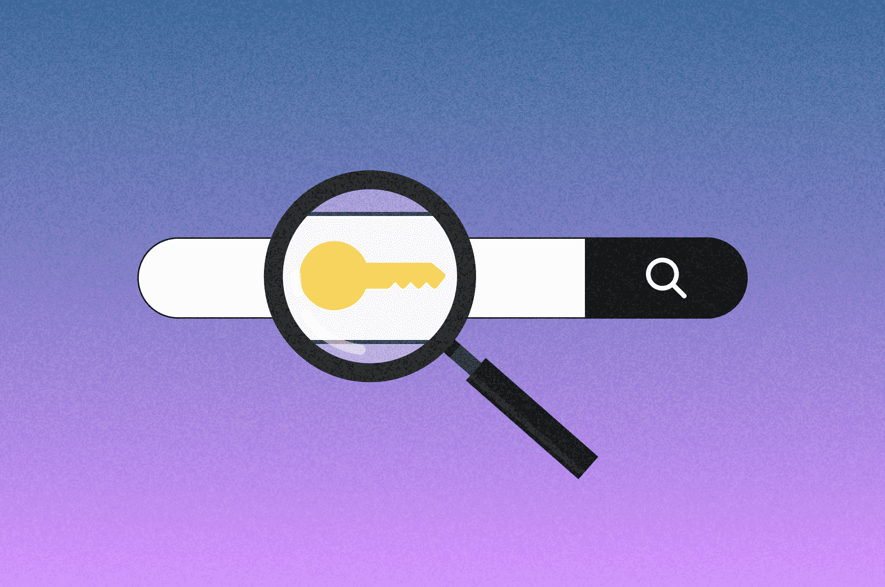 A key in a search bar with a magnifying glass enlarging it, representing keyword research